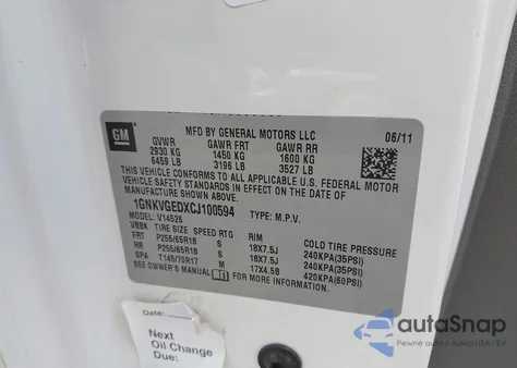 2012 Chevrolet Traverse 1Lt z USA, uszkodzony, nr VIN 1GNKVGEDXCJ100594